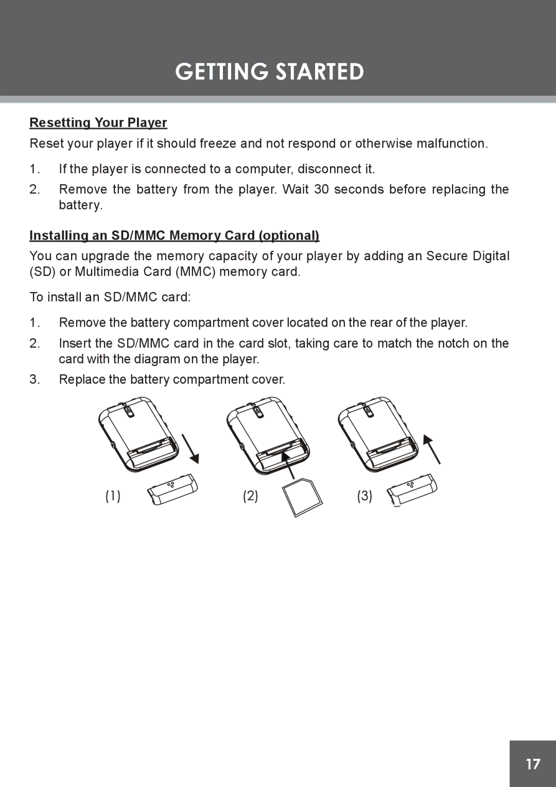 COBY electronic MP-C781 instruction manual Resetting Your Player, Installing an SD/MMC Memory Card optional 