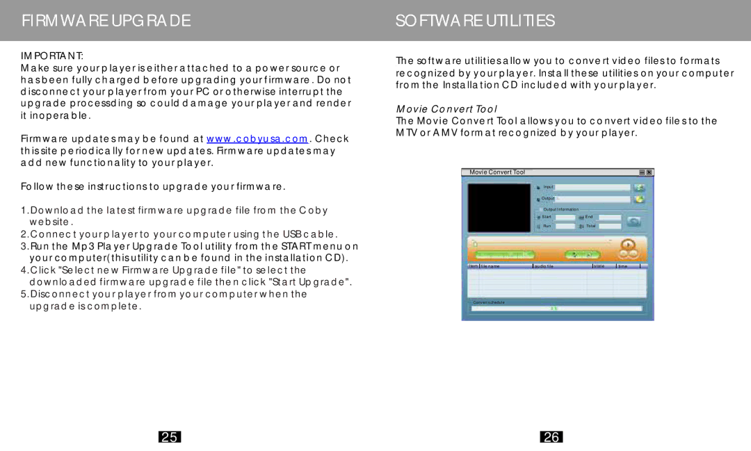 COBY electronic MP-C786 manual Firmware Upgrade, Software Utilities 