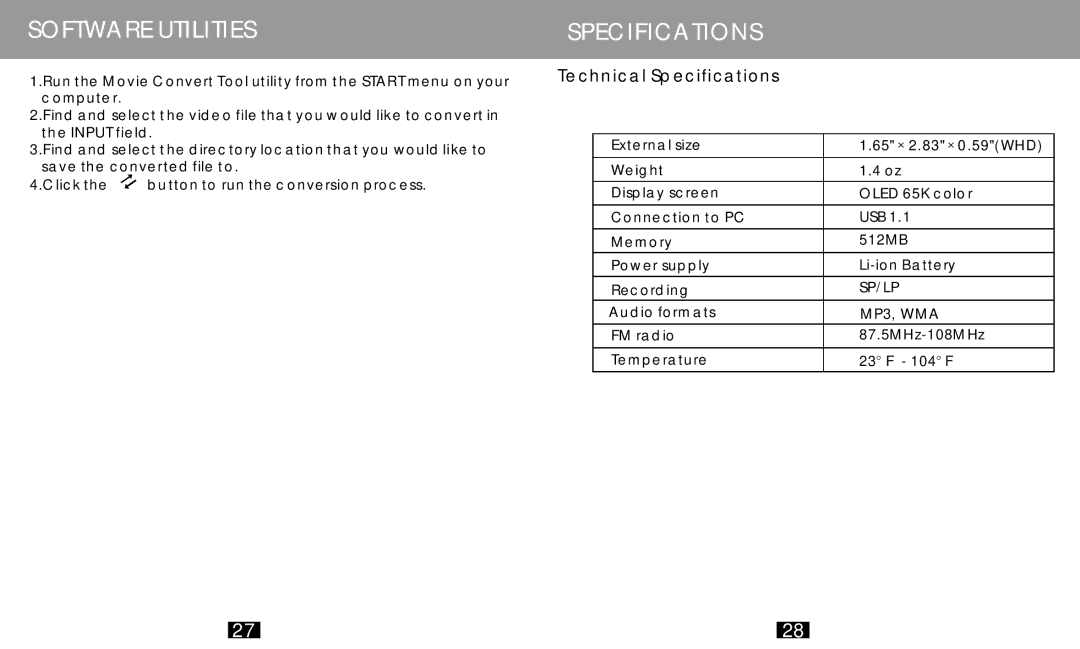 COBY electronic MP-C786 manual Technical Specifications 