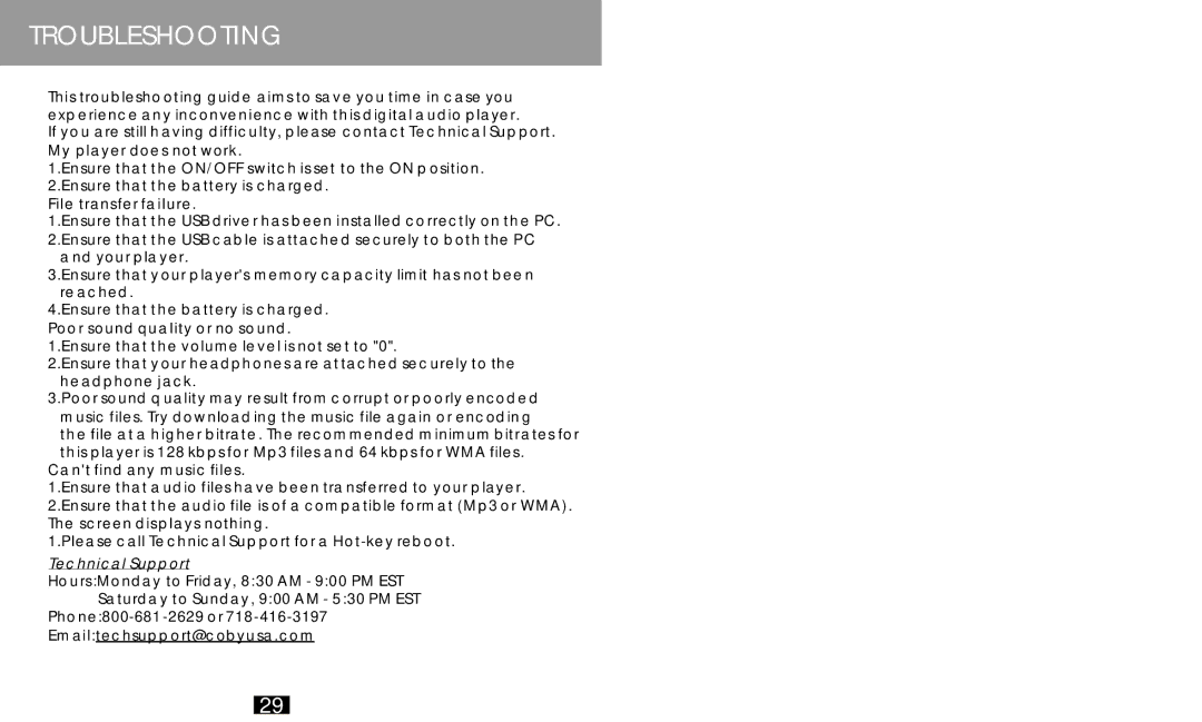 COBY electronic MP-C786 manual Troubleshooting, My player does not work 