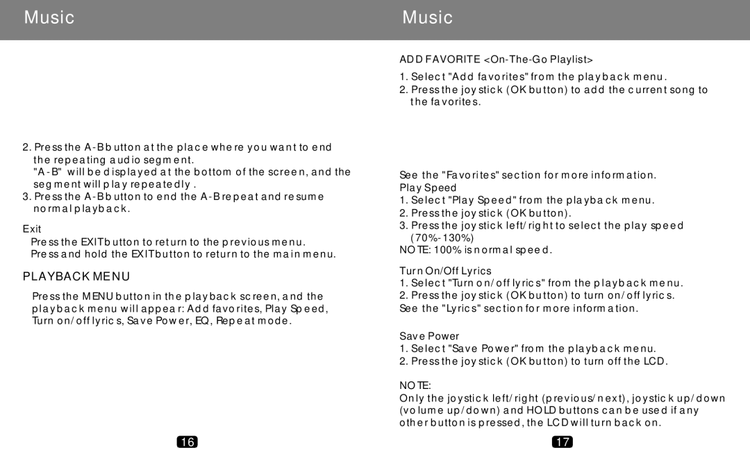 COBY electronic MP-C789 manual Playback Menu 