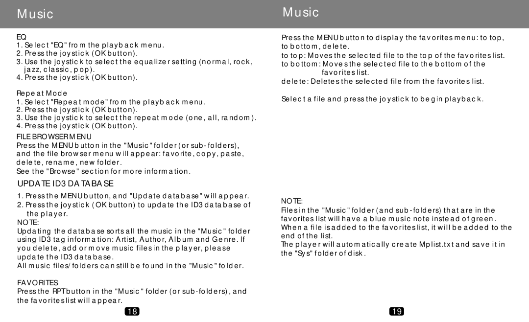 COBY electronic MP-C789 manual Update ID3 Database, Repeat Mode, File Browser Menu, Favorites 