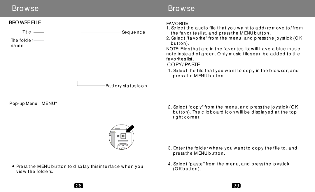 COBY electronic MP-C789 manual Browse File, Copy/Paste, Favorite 