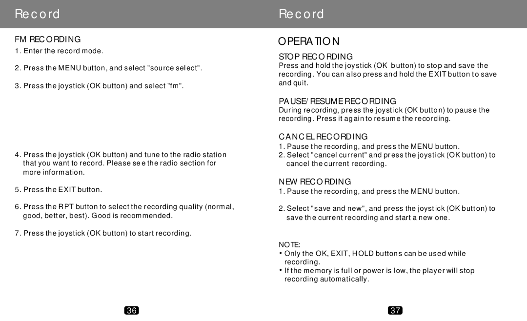 COBY electronic MP-C789 manual FM Recording, Stop Recording, PAUSE/RESUME Recording, Cancel Recording, NEW Recording 