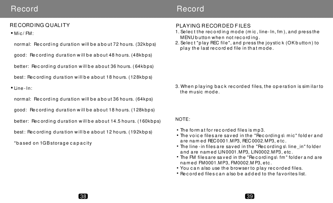 COBY electronic MP-C789 manual Recording Quality, Playing Recorded Files 