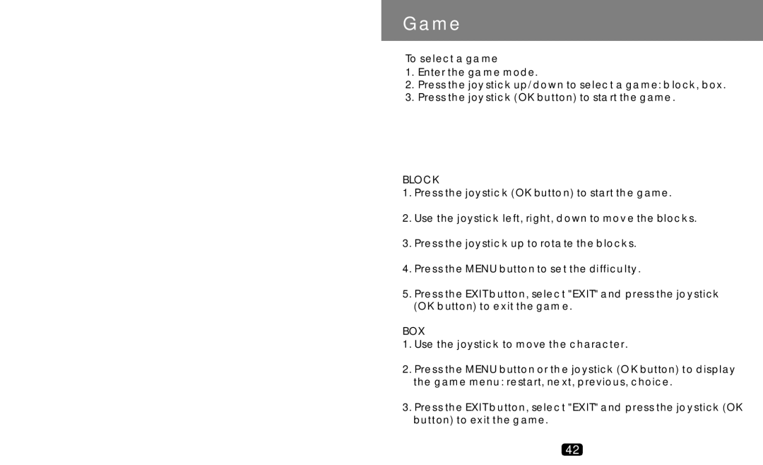 COBY electronic MP-C789 manual Game, To select a game, Block, Box 