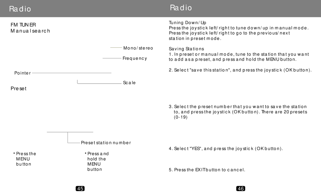 COBY electronic MP-C789 manual Radio, Tuning Down/Up, Saving Stations 