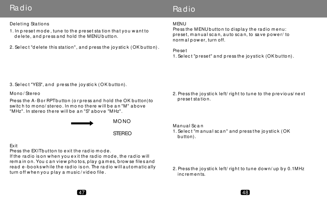 COBY electronic MP-C789 manual Deleting Stations, Mono/Stereo, Menu, Preset, Manual Sca n 