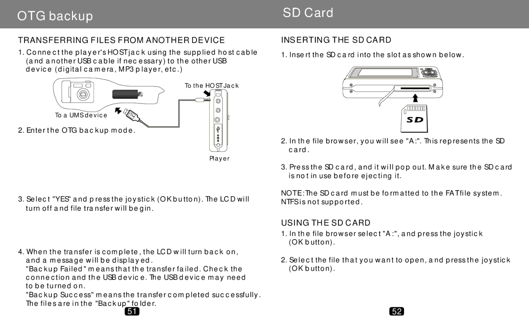 COBY electronic MP-C789 OTG backup, Transferring Files from Another Device, Inserting the SD Card, Using the SD Card 