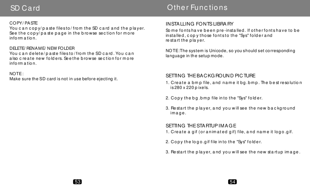 COBY electronic MP-C789 manual Other Functions, Installing Fonts Library, Setting the Background Picture 