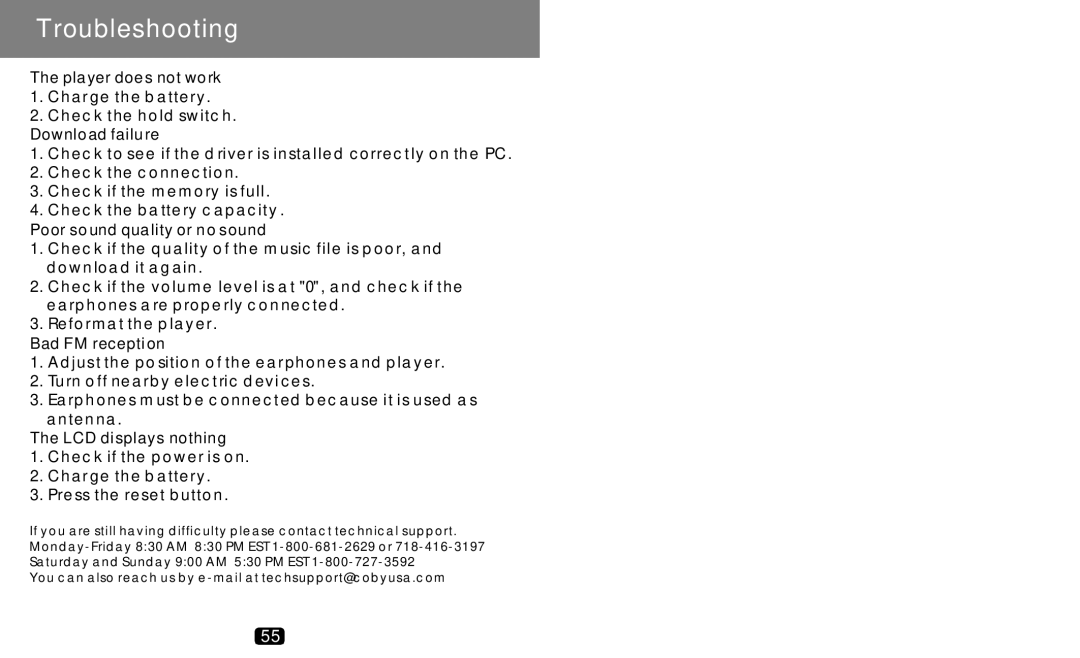 COBY electronic MP-C789 manual Troubleshooting, Download failure 