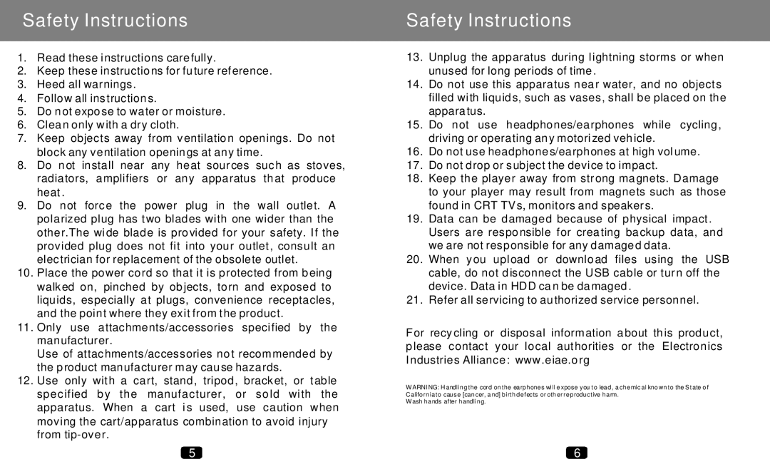 COBY electronic MP-C789 manual Safety Instructions 