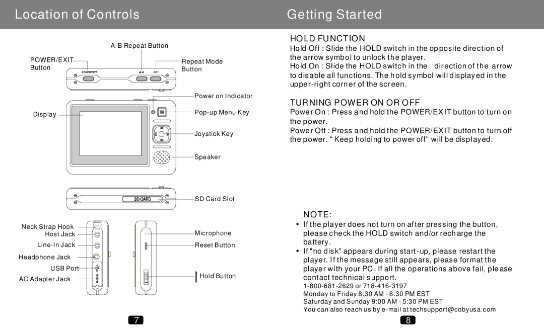 COBY electronic MP-C789 manual Location of Controls Getting Started, Hold Function, Turning Power on or OFF 