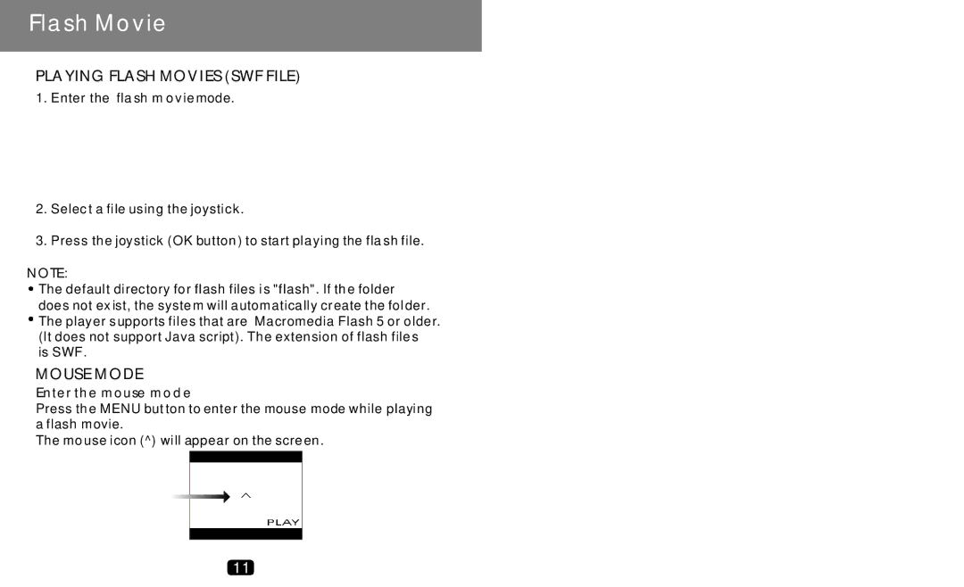 COBY electronic MP-C789 manual Playing Flash Movies SWF File, Mouse Mode 