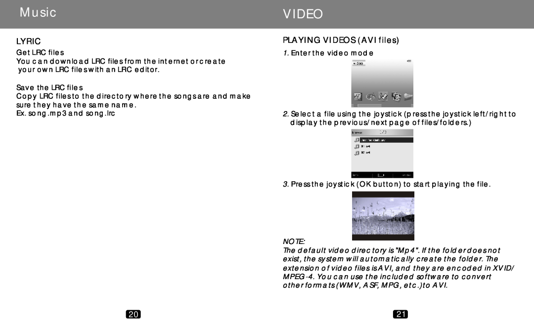COBY electronic MP-C789 manual Video, Lyric, PLAYING VIDEOS AVI files, Music, Get LRC files, Save the LRC files 