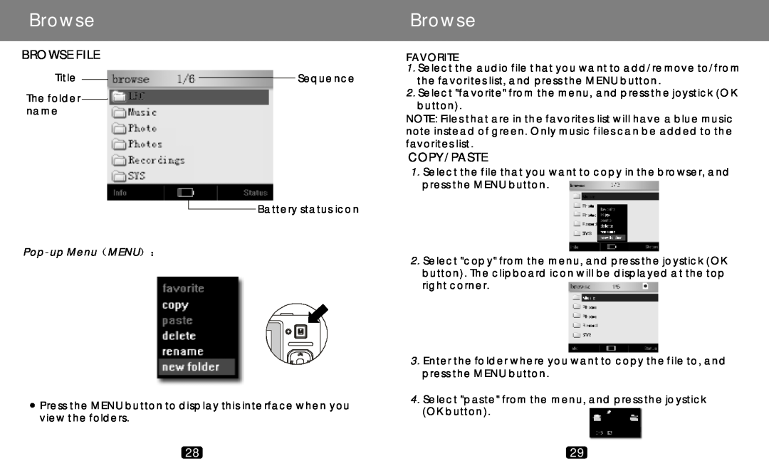 COBY electronic MP-C789 manual Browse File, Copy/Paste, Pop-up Menu（MENU）： 