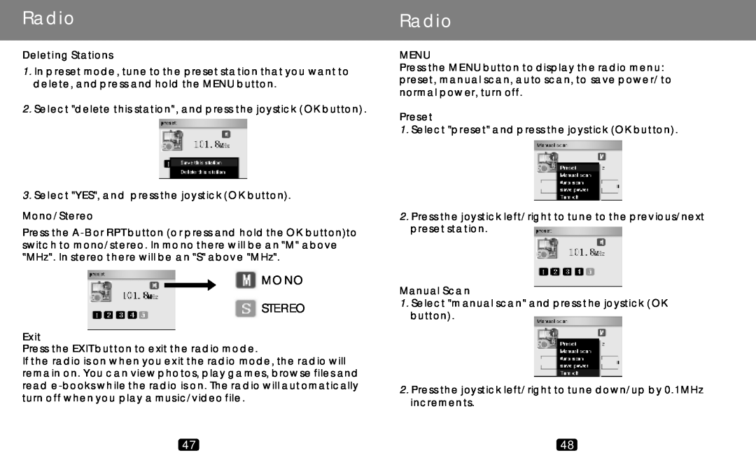 COBY electronic MP-C789 manual Radio, Mono Stereo 