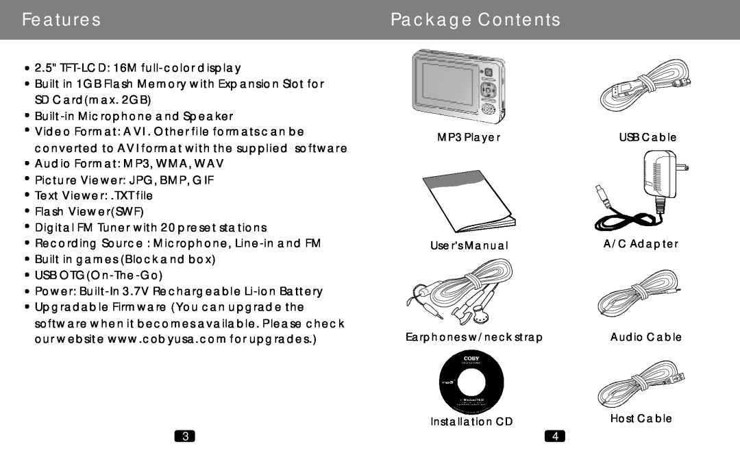COBY electronic MP-C789 manual Features, Package Contents 