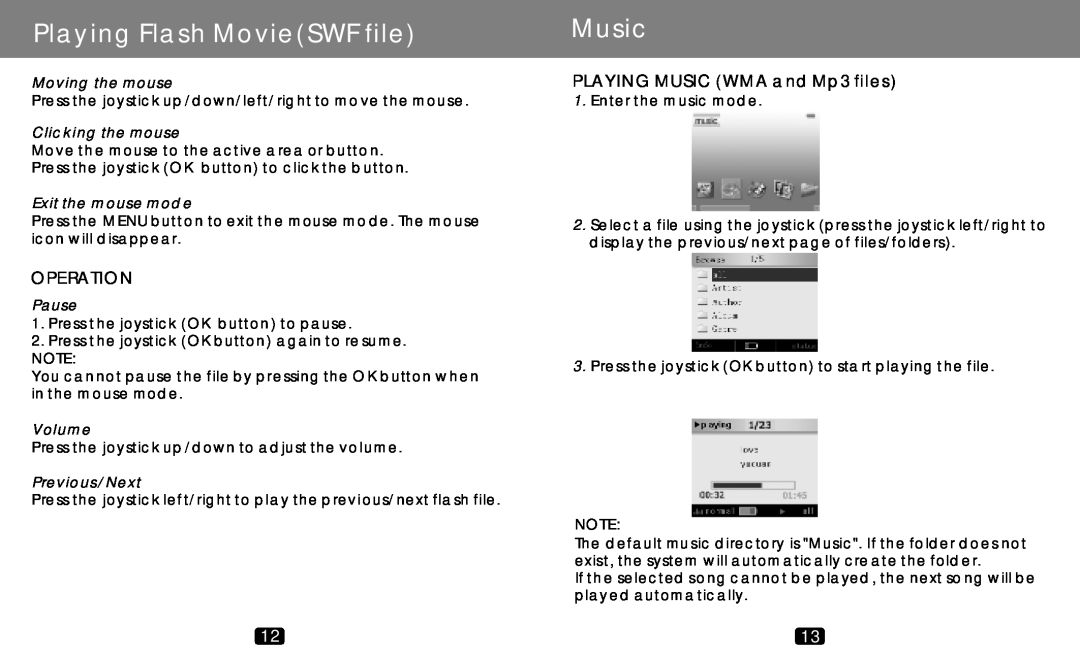COBY electronic MP-C789 Playing Flash MovieSWF file, Music, Operation, PLAYING MUSIC WMA and Mp3 files, Moving the mouse 