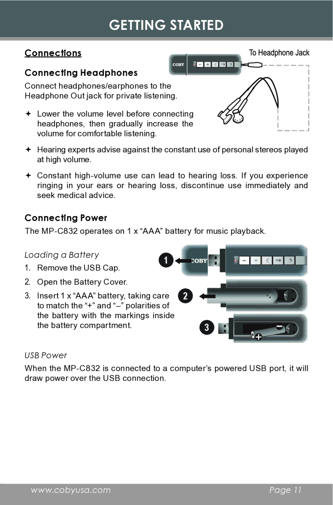 COBY electronic MP-C832 Connections Connecting Headphones, Connecting Power, Loading a Battery, USB Power 