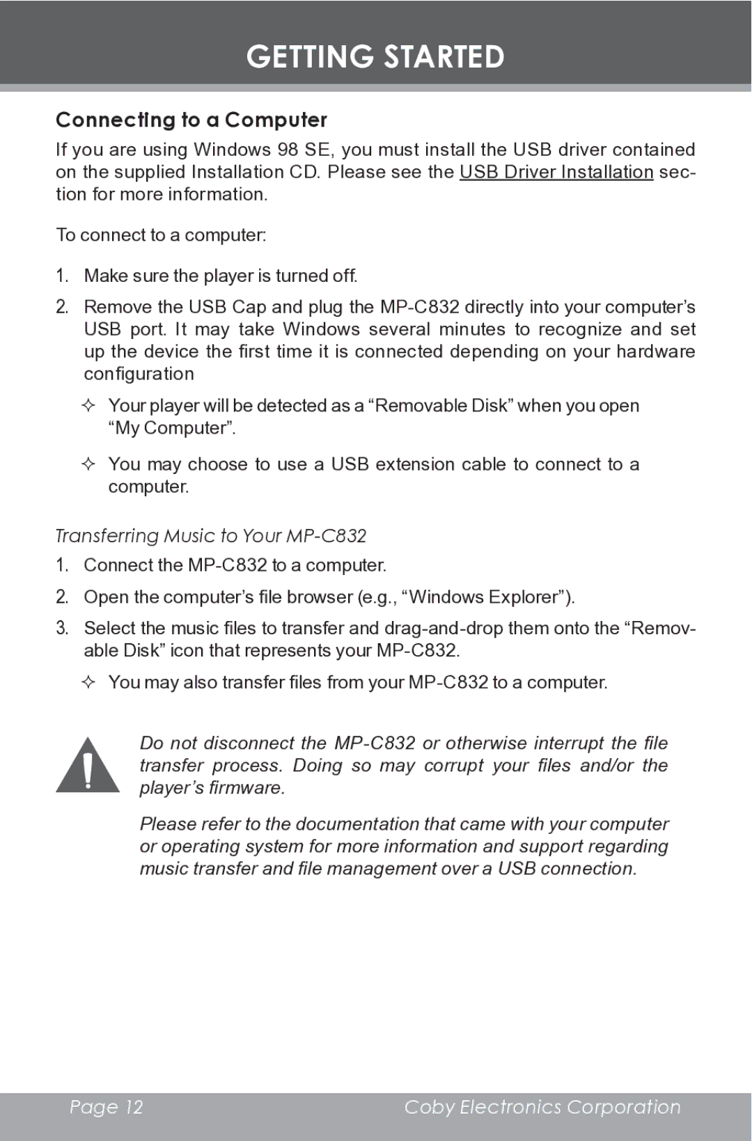 COBY electronic instruction manual Connecting to a Computer, Transferring Music to Your MP-C832 