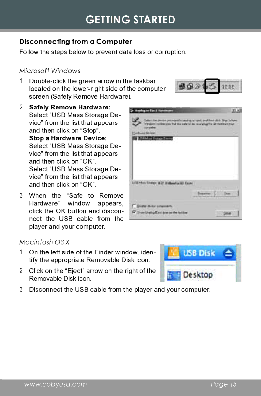 COBY electronic MP-C832 instruction manual Disconnecting from a Computer, Microsoft Windows, Macintosh OS 