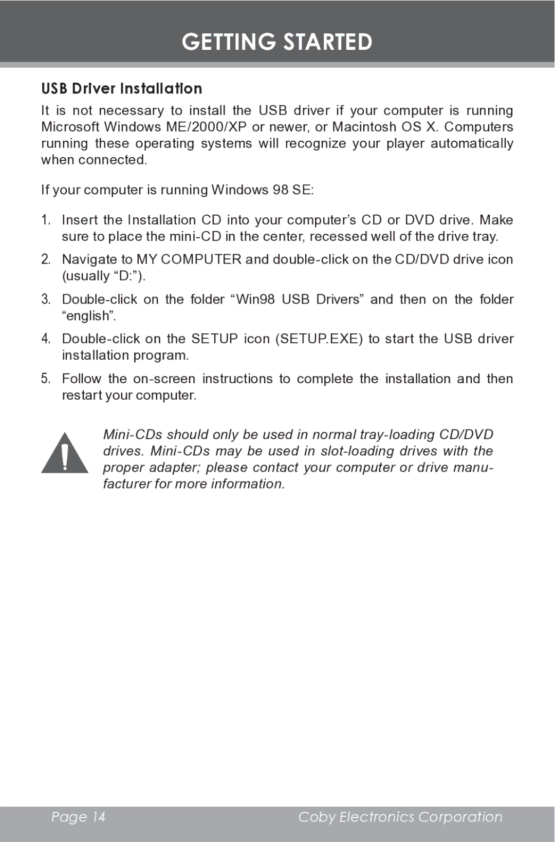 COBY electronic MP-C832 instruction manual USB Driver Installation 