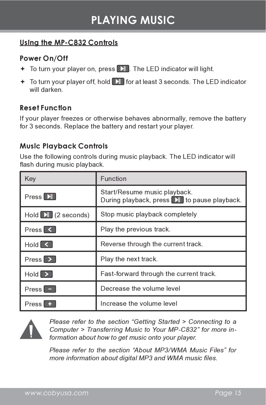 COBY electronic Playing Music, Using the MP-C832 Controls Power On/Off, Reset Function, Music Playback Controls 