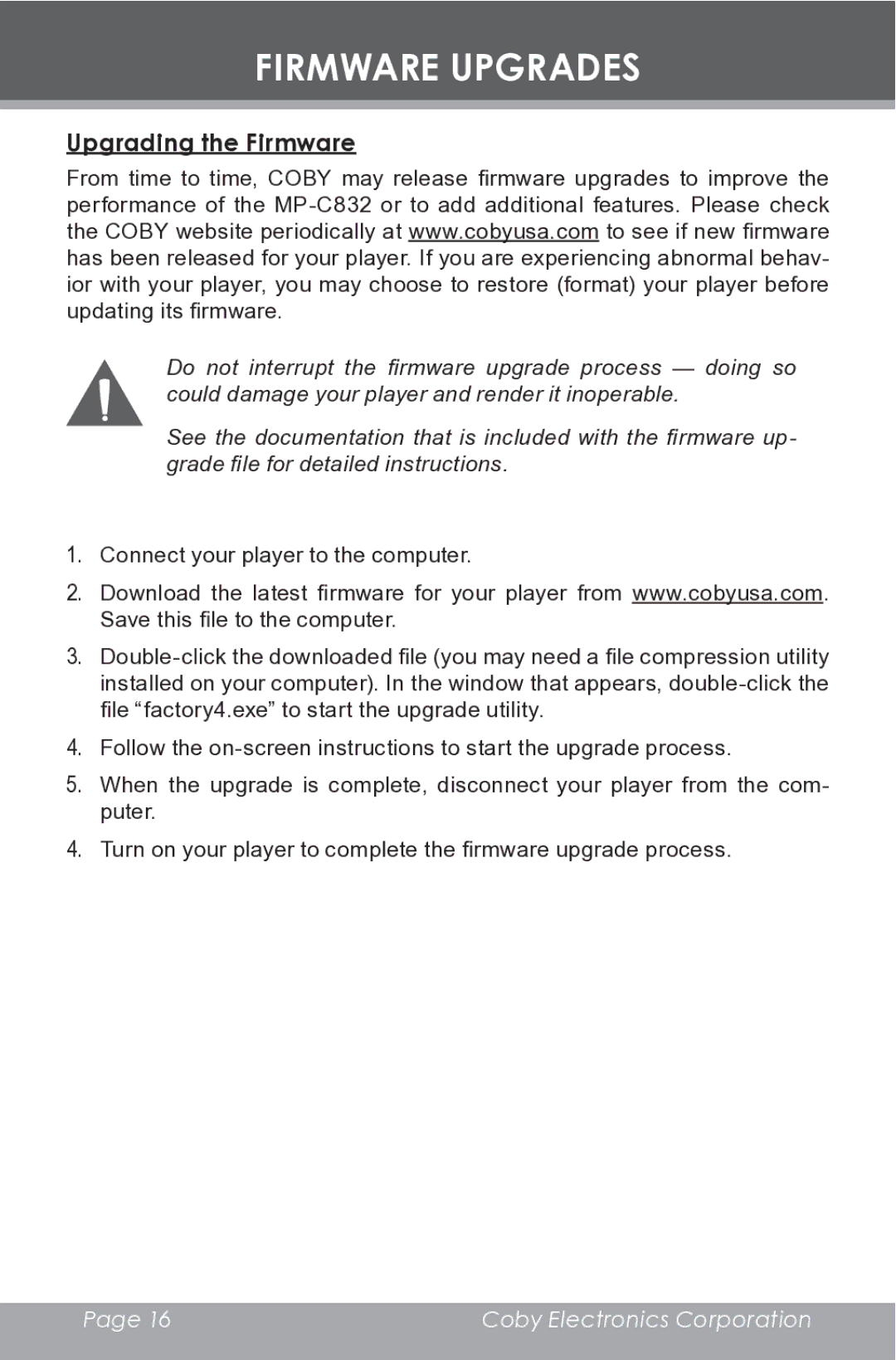 COBY electronic MP-C832 instruction manual Firmware Upgrades, Upgrading the Firmware 