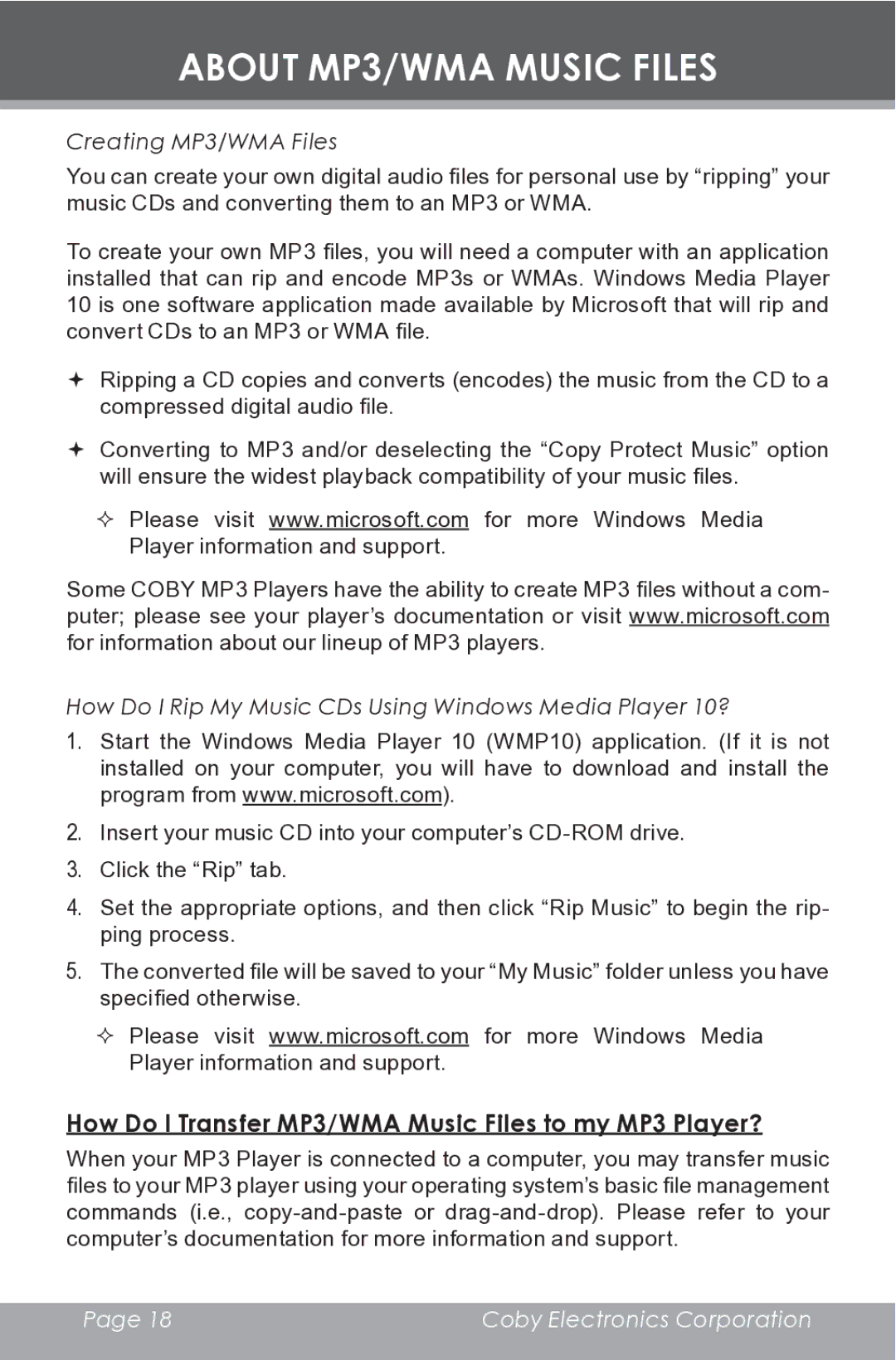 COBY electronic MP-C832 instruction manual How Do I Transfer MP3/WMA Music Files to my MP3 Player?, Creating MP3/WMA Files 