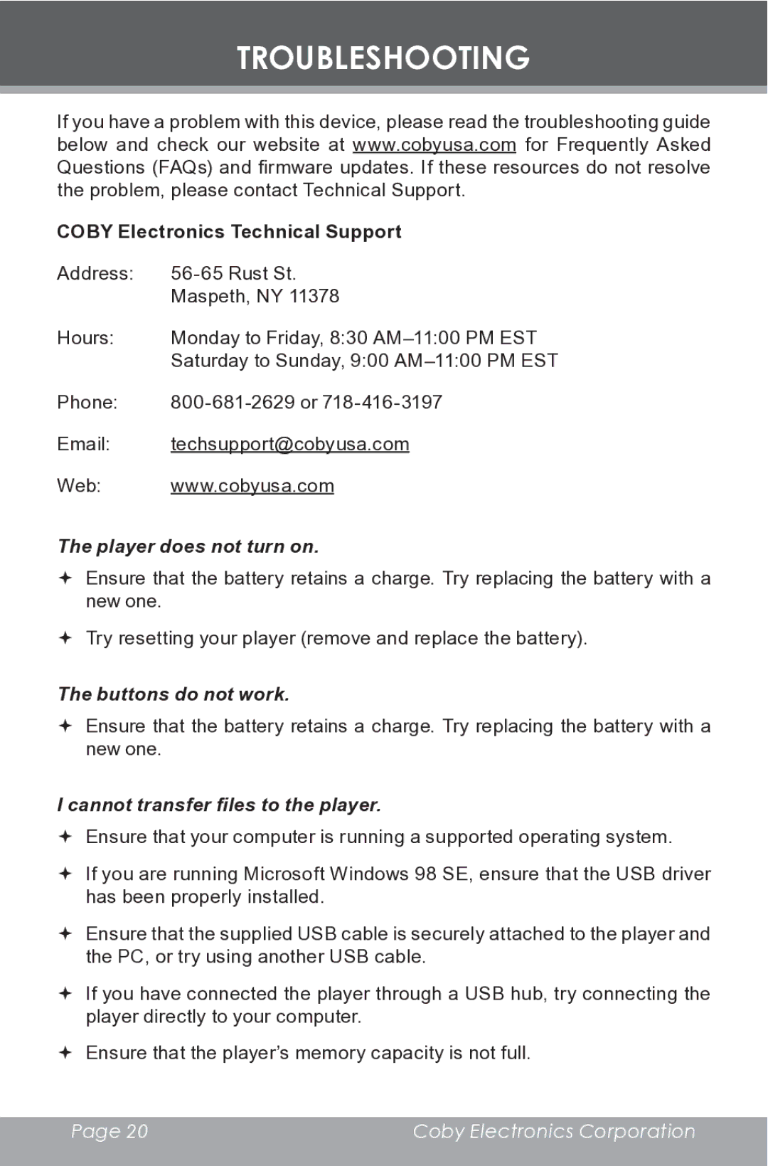 COBY electronic MP-C832 instruction manual Troubleshooting, Coby Electronics Technical Support 