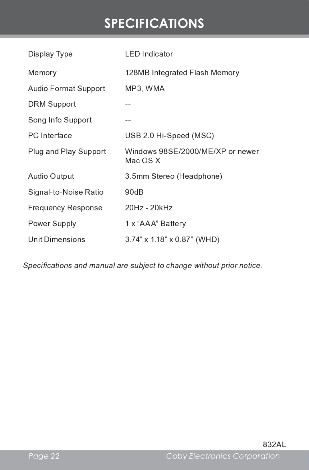 COBY electronic MP-C832 instruction manual Specifications, MP3, WMA 