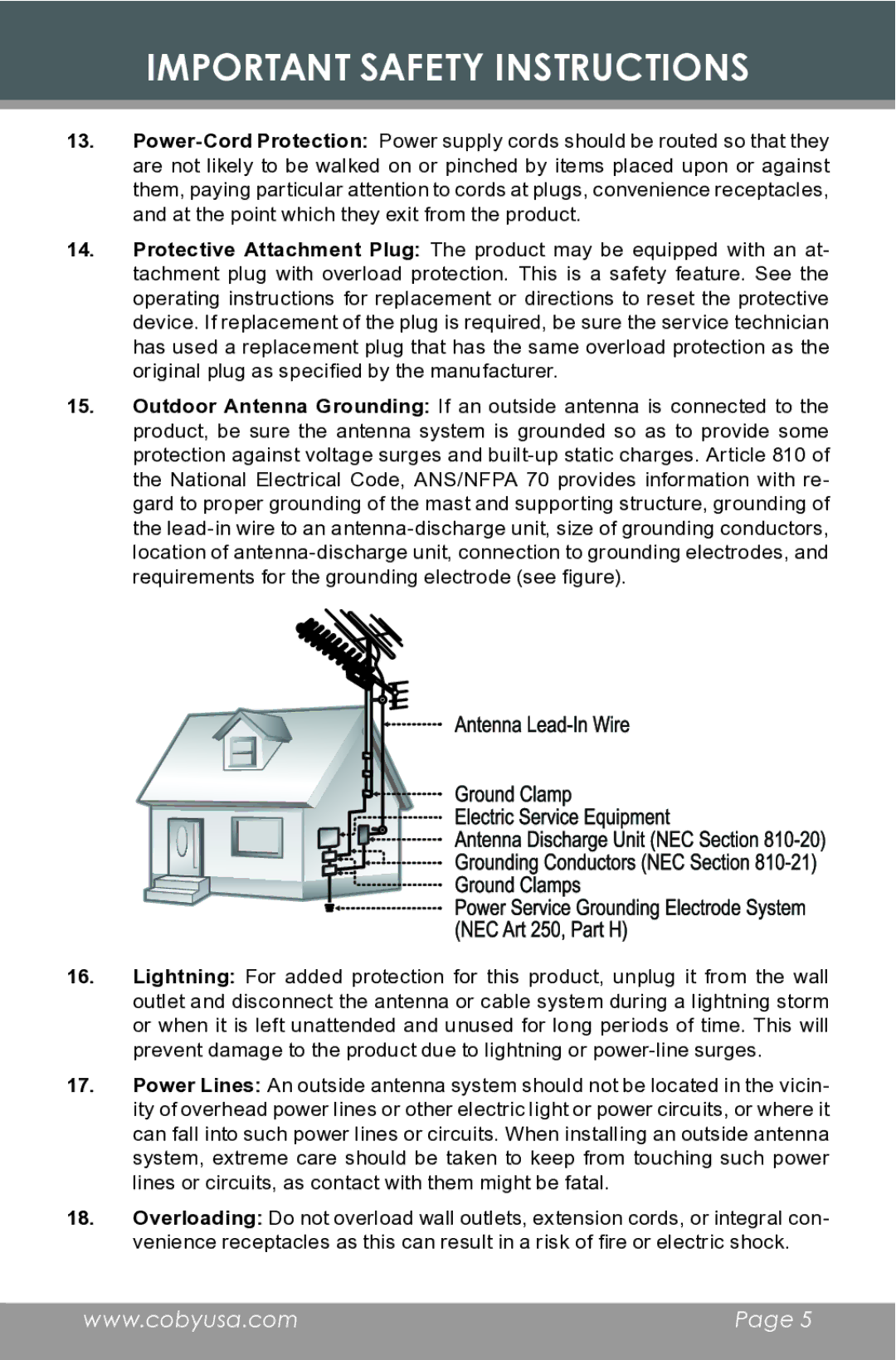 COBY electronic MP-C832 instruction manual Important Safety Instructions 