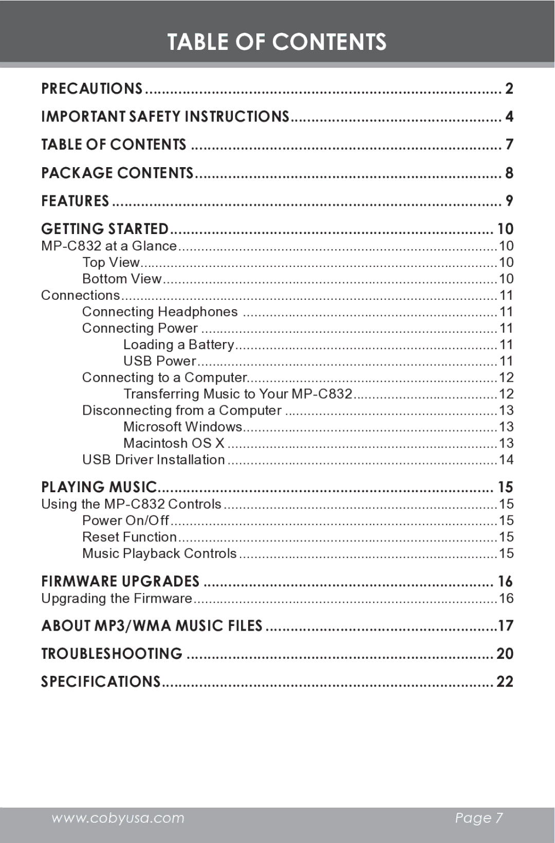 COBY electronic MP-C832 instruction manual Table of Contents 