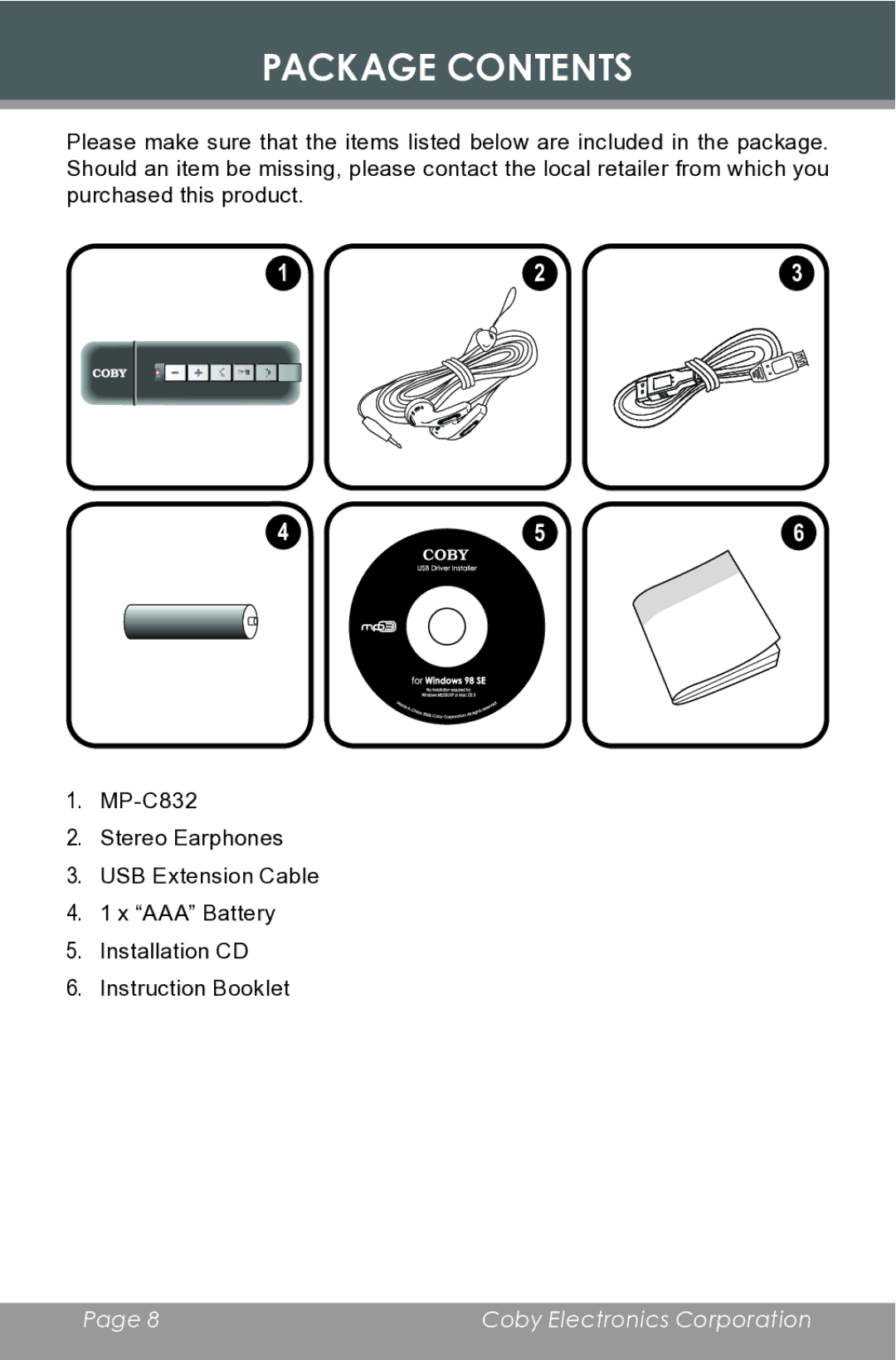 COBY electronic MP-C832 instruction manual Package Contents 