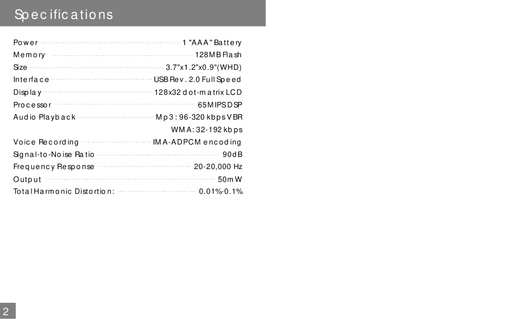 COBY electronic MP-C838 user manual Specifications, 65MIPS DSP 