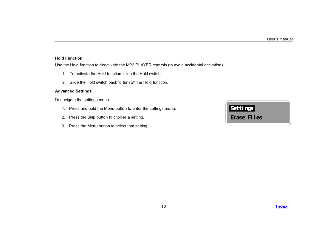 COBY electronic MP-C840 user manual Setti ngs, Hold Function 