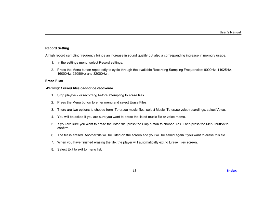 COBY electronic MP-C840 user manual Record Setting, Erase Files 