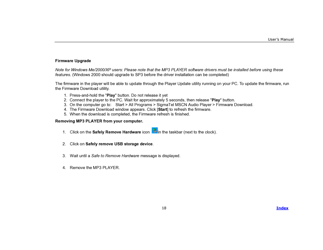 COBY electronic MP-C840 user manual Firmware Upgrade, Removing MP3 Player from your computer 