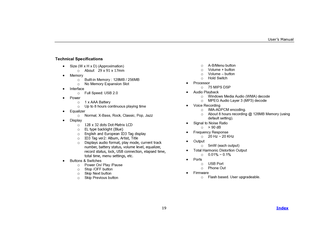 COBY electronic MP-C840 user manual Technical Specifications, About 29 x 91 x 17mm 