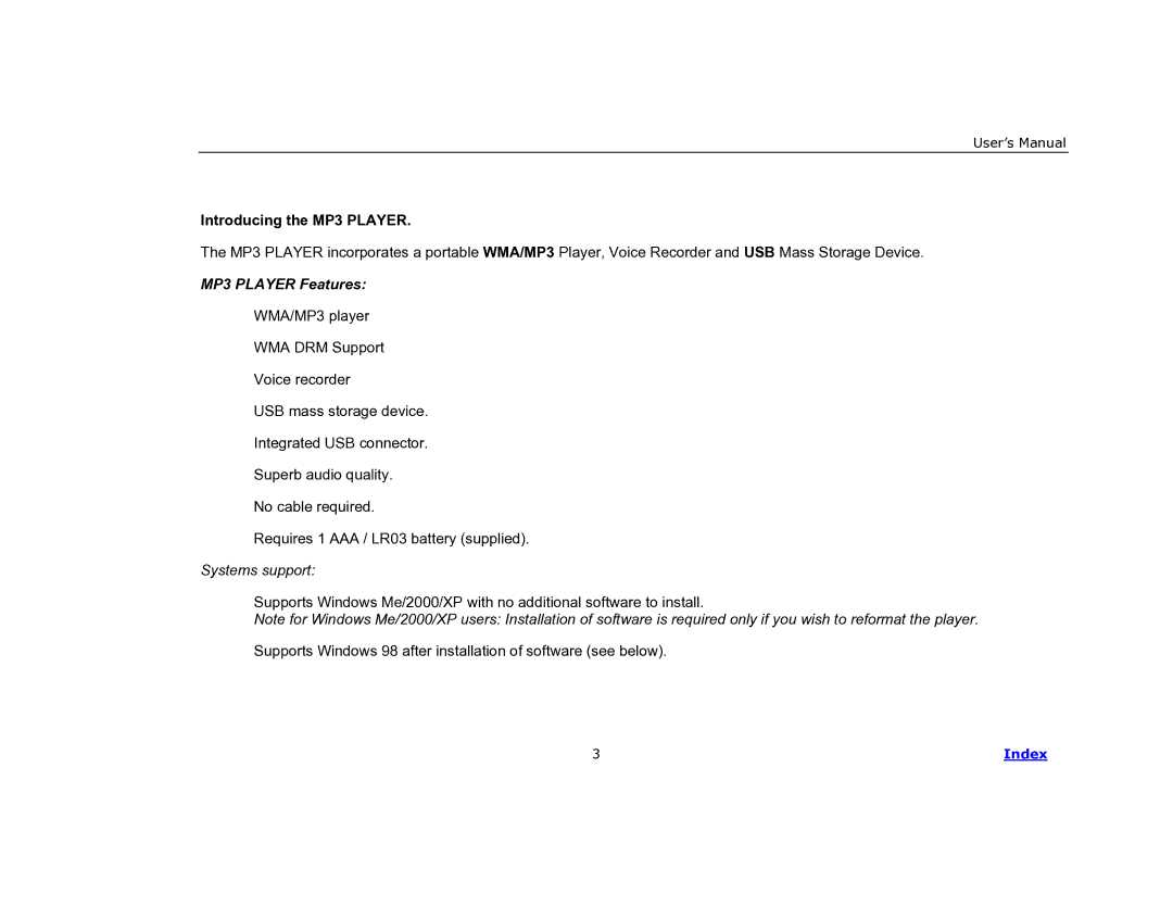 COBY electronic MP-C840 user manual Introducing the MP3 Player, MP3 Player Features 