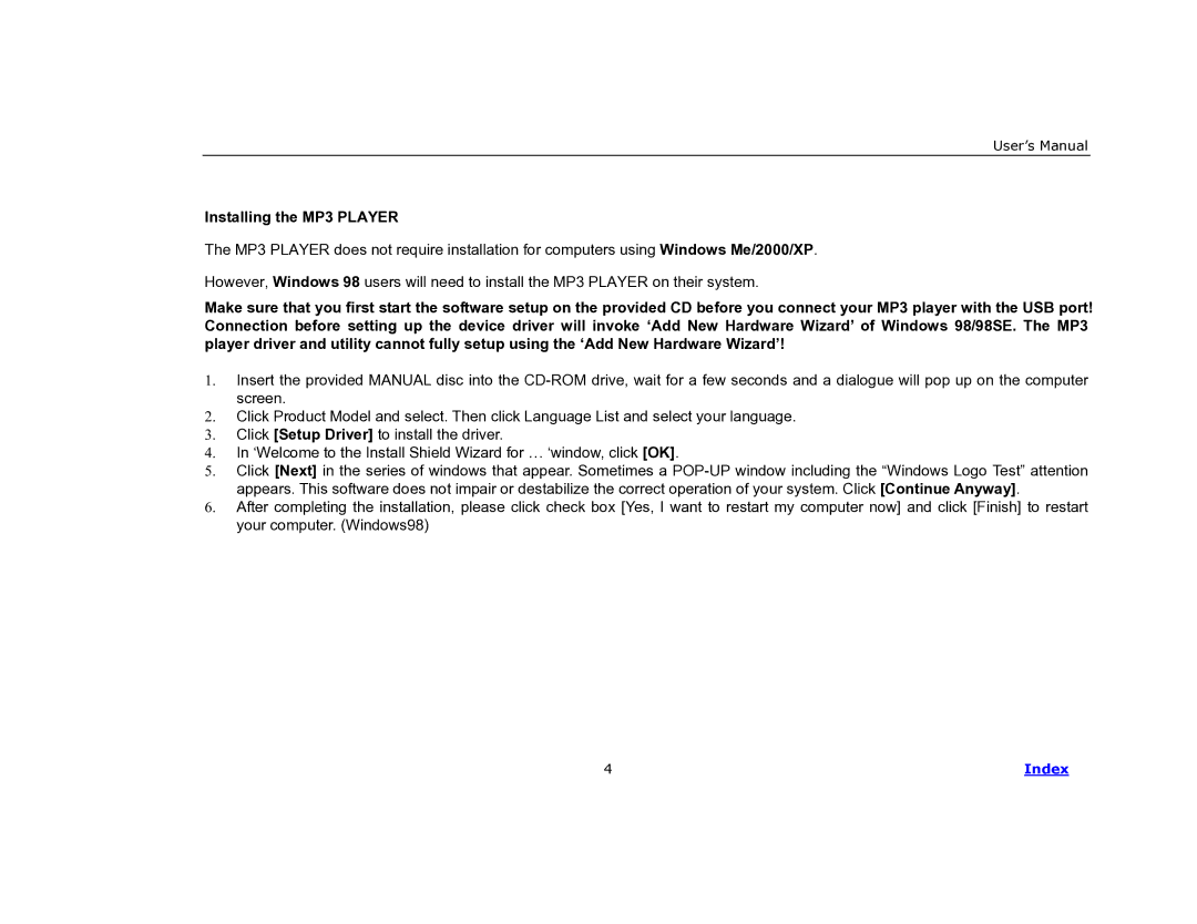 COBY electronic MP-C840 user manual Installing the MP3 Player 