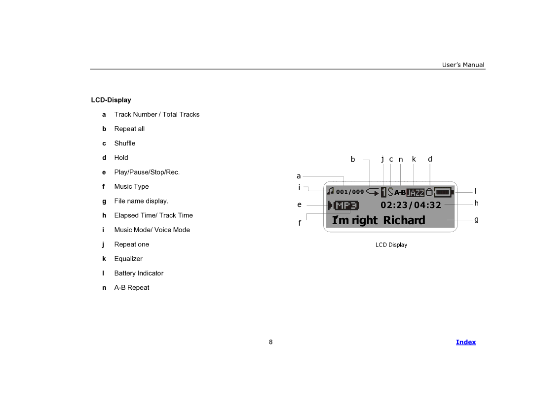 COBY electronic MP-C840 user manual Right Richard, LCD-Display 