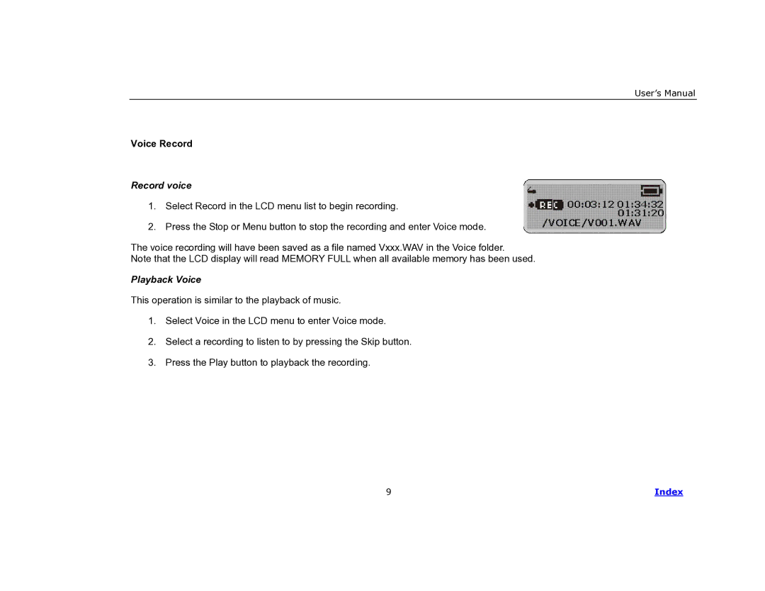 COBY electronic MP-C840 user manual Voice Record, Record voice 