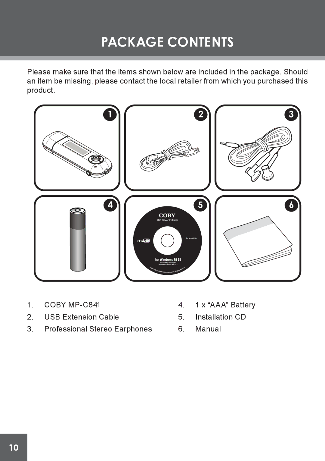 COBY electronic MP-C841 instruction manual Package Contents 