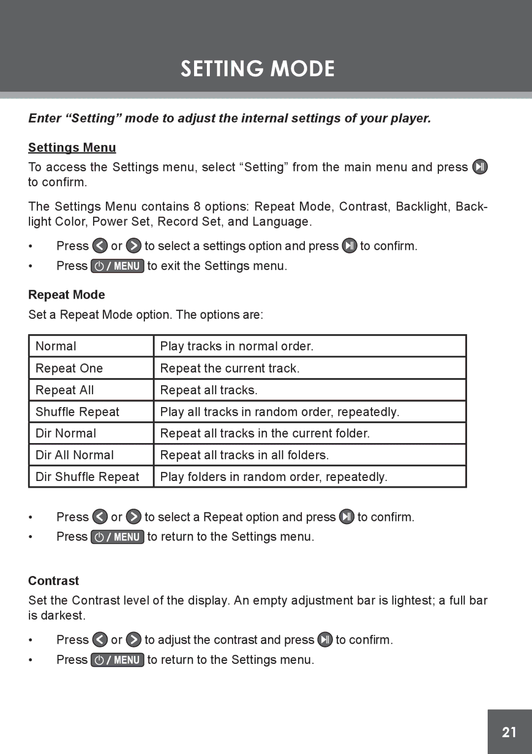 COBY electronic MP-C841 instruction manual Setting Mode, Settings Menu, Repeat Mode, Contrast 