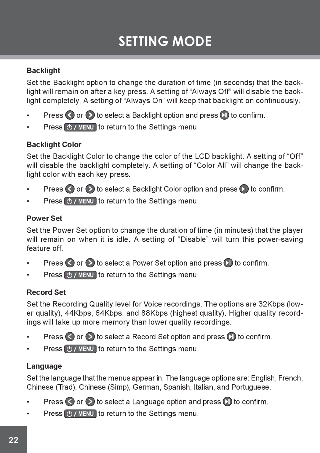 COBY electronic MP-C841 instruction manual Backlight Color, Power Set, Record Set, Language 