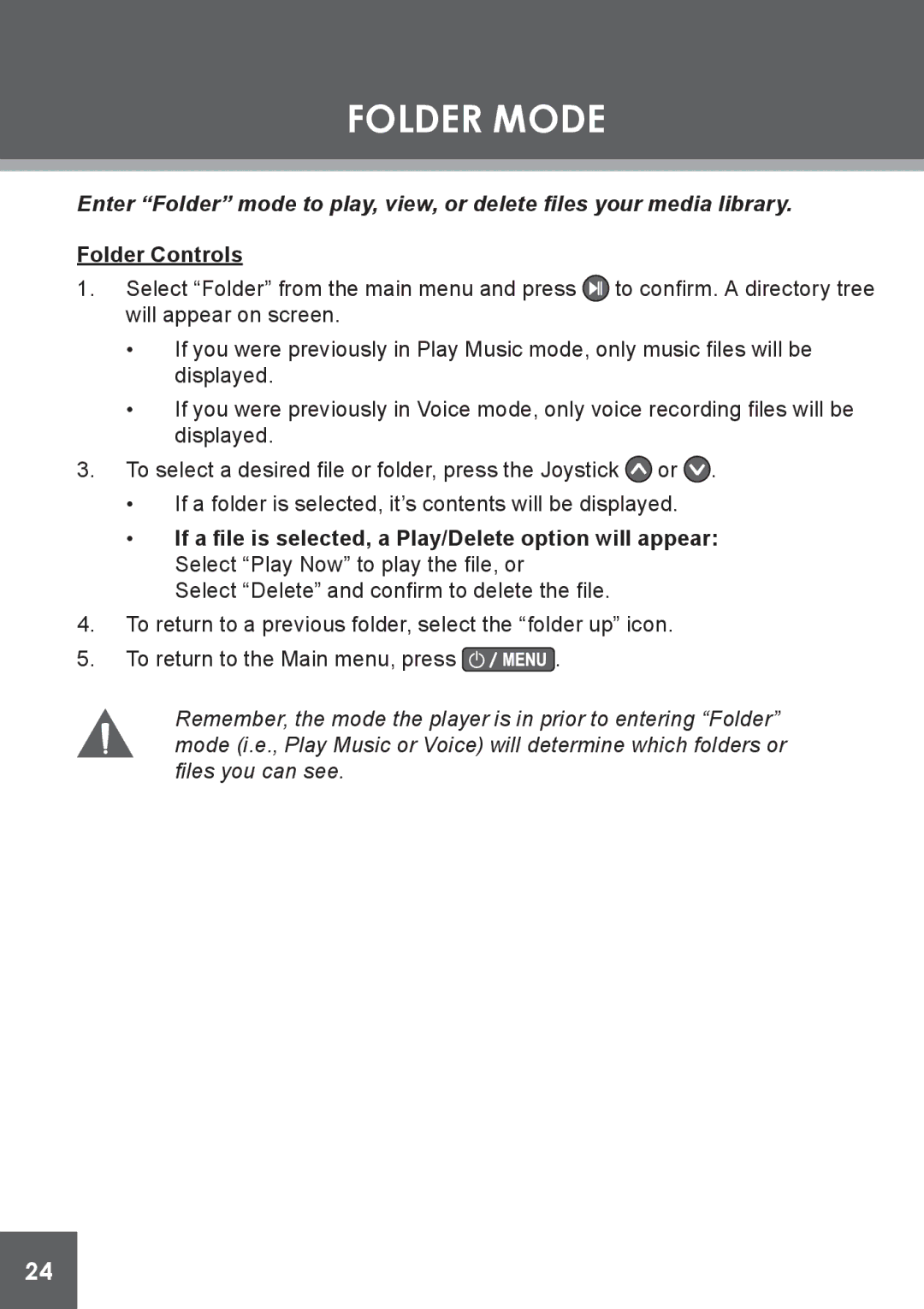 COBY electronic MP-C841 instruction manual Folder Mode, Folder Controls 