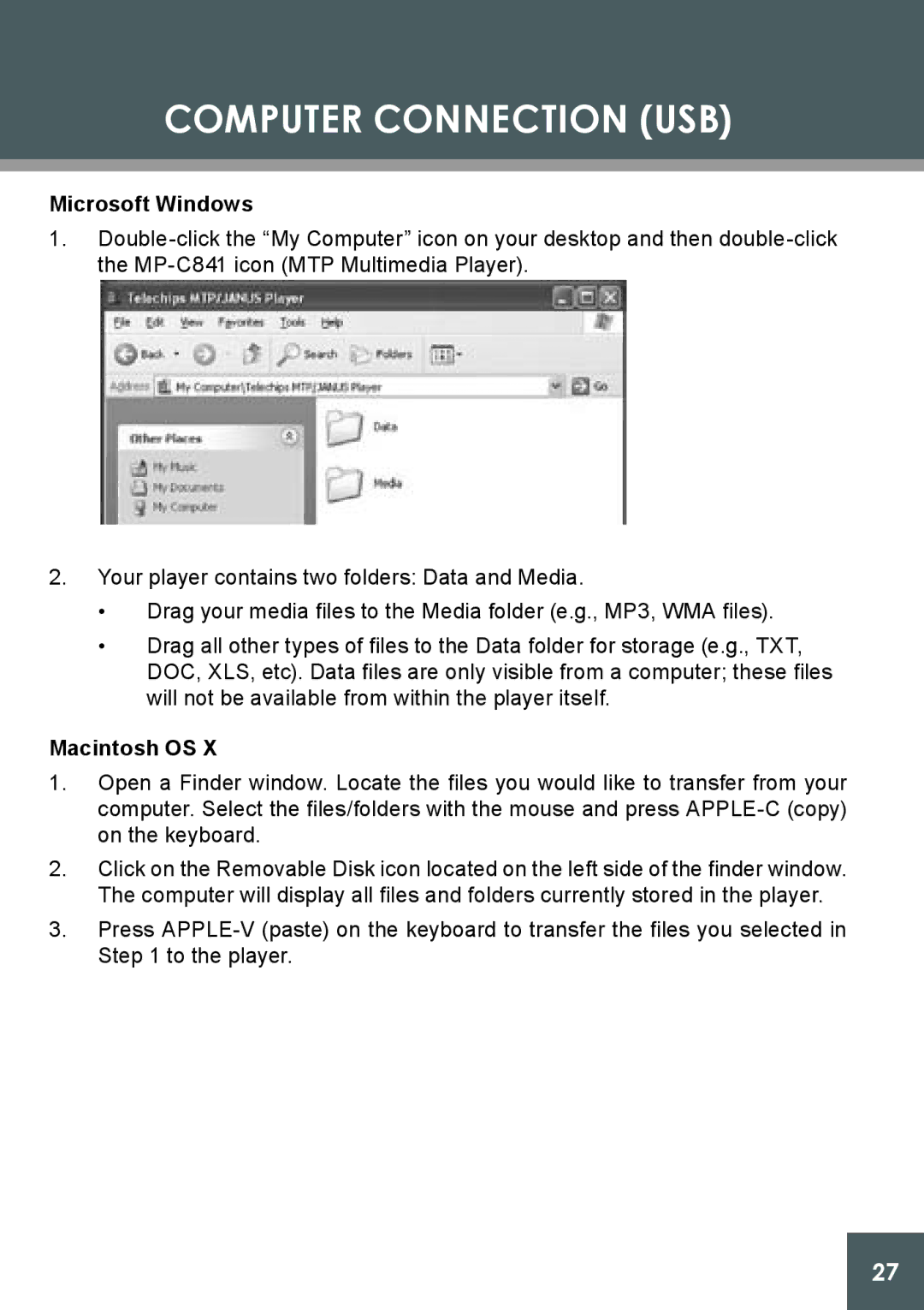 COBY electronic MP-C841 instruction manual Microsoft Windows, Macintosh OS 