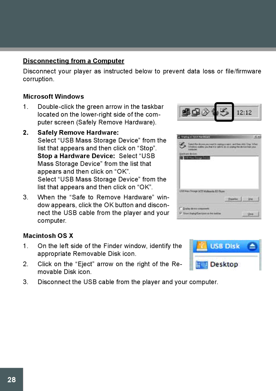 COBY electronic MP-C841 instruction manual Disconnecting from a Computer, Safely Remove Hardware 